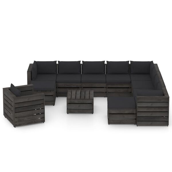 vidaXL Salon de jardin 12 pcs avec coussins Bois impr&eacute;gn&eacute; de gris