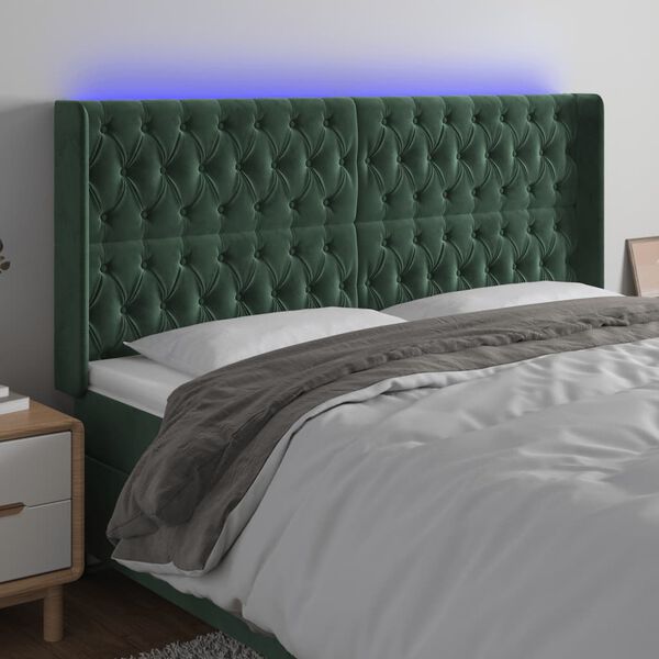vidaXL T&ecirc;te de lit &agrave; LED Vert fonc&eacute; 203x16x118/128 cm Velours
