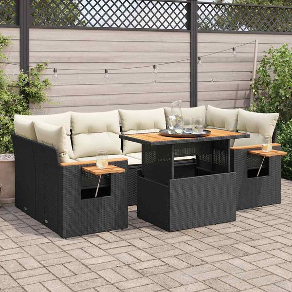 vidaXL Salon de jardin avec coussins 7 pcs noir r&eacute;sine tress&eacute;e acacia
