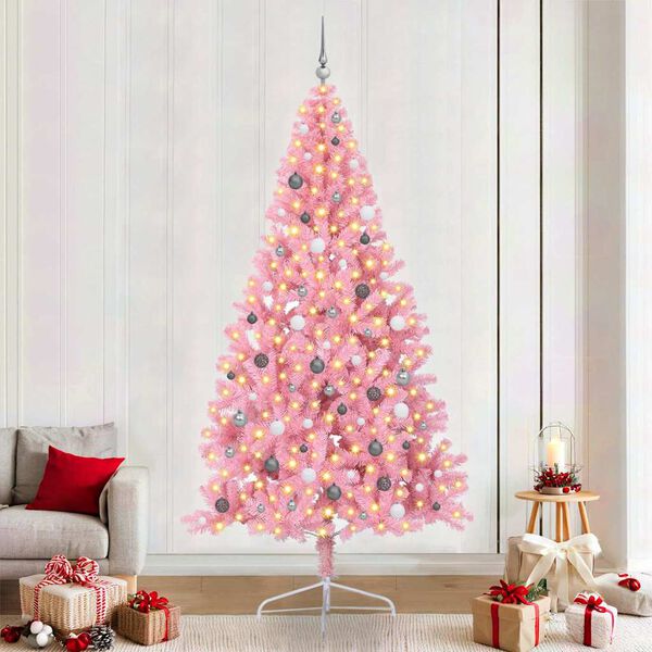 vidaXL Sapin de No&euml;l artificiel pr&eacute;-&eacute;clair&eacute; Rose 240 cm PVC