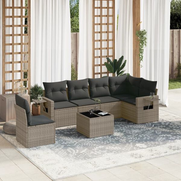 vidaXL Salon de jardin avec coussins 7 pcs gris r&eacute;sine tress&eacute;e