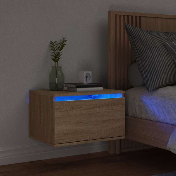 vidaXL Table de chevet murale avec lumi&egrave;res LED ch&ecirc;ne sonoma