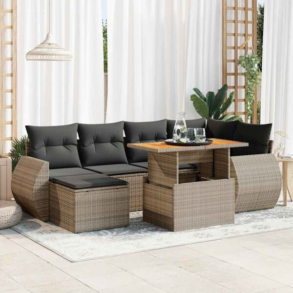 vidaXL Salon de jardin avec coussins 7 pcs gris r&eacute;sine tress&eacute;e
