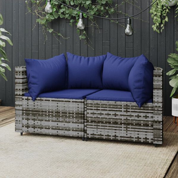 vidaXL Canap&eacute;s d'angle de jardin et coussins 2 pcs gris r&eacute;sine tress&eacute;e