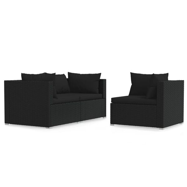 vidaXL Salon de jardin 3 pcs avec coussins Noir R&eacute;sine tress&eacute;e