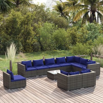 vidaXL Salon de jardin 11 pcs avec coussins Résine tressée Gris