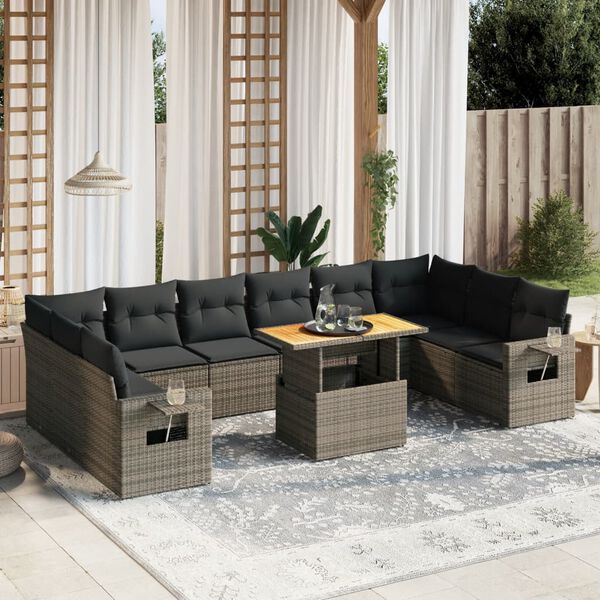 vidaXL Salon de jardin 11 pcs avec coussins gris r&eacute;sine tress&eacute;e