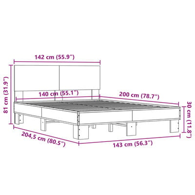 vidaXL Cadre de lit chêne marron 140x200 cm bois d'ingénierie et métal