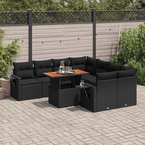 vidaXL Salon de jardin 9 pcs avec coussins noir r&eacute;sine tress&eacute;e