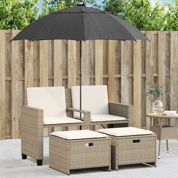 vidaXL Canapé de jardin 2 places avec parasol et tabourets beige rotin
