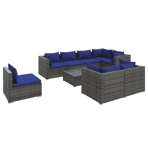 vidaXL Salon de jardin 9 pcs avec coussins Résine tressée Gris