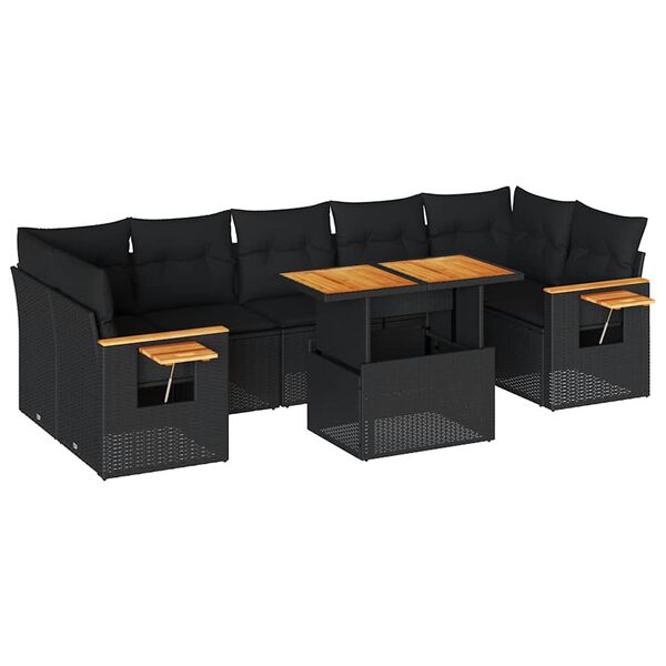 vidaXL Salon de jardin avec coussins 8 pcs noir résine tressée acacia