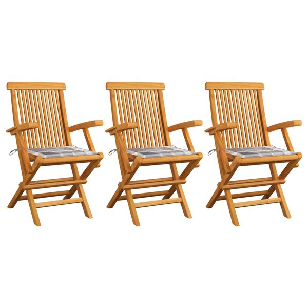 vidaXL Chaises de jardin coussins &agrave; carreaux gris lot de 3 Teck massif