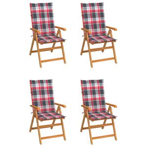 vidaXL Chaises pliantes, coussins &agrave; carreaux rouges, bois de teck massif (4 pi&egrave;ces).