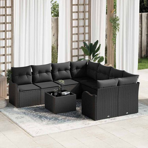 vidaXL Ensemble de canap&eacute; de jardin avec coussin 9 pcs Noir polyrotin
