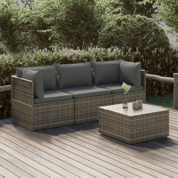 vidaXL Salon de jardin 4 pcs avec coussins Gris Résine tressée