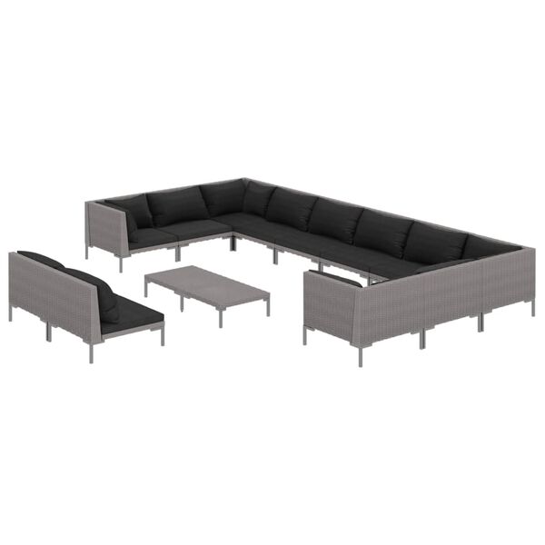 vidaXL Salon de jardin 13 pcs avec coussins R&eacute;sine tress&eacute;e Gris fonc&eacute;