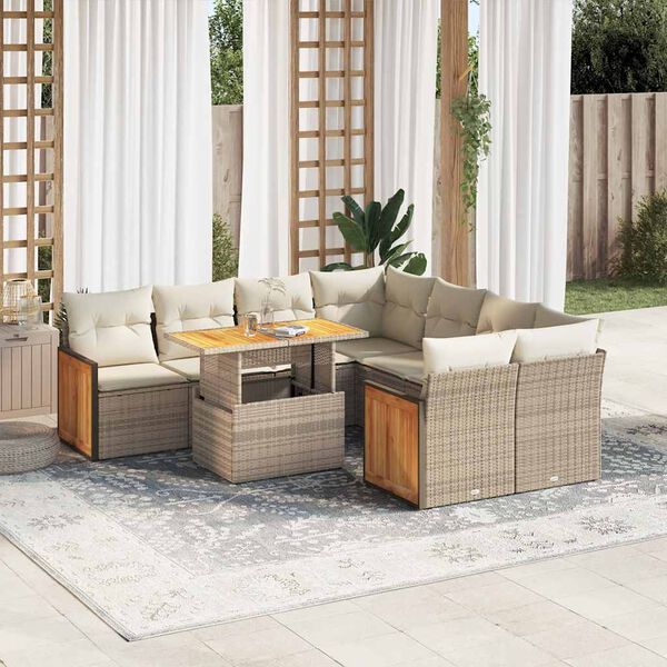 vidaXL Salon de jardin avec coussins 9 pcs beige r&eacute;sine tress&eacute;e acacia