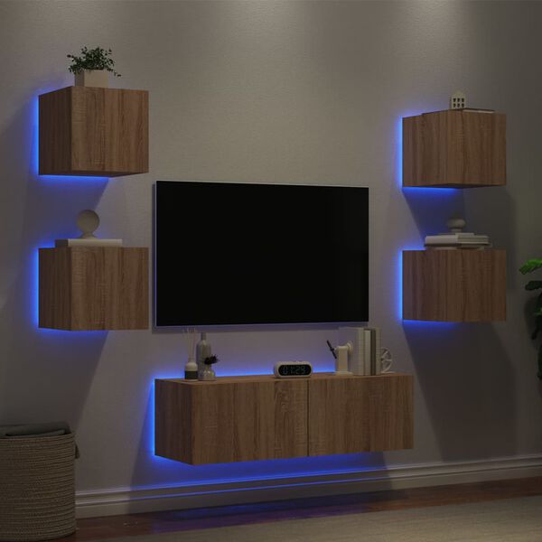 vidaXL Meuble TV muraux 5 pcs avec lumi&egrave;res LED ch&ecirc;ne sonoma