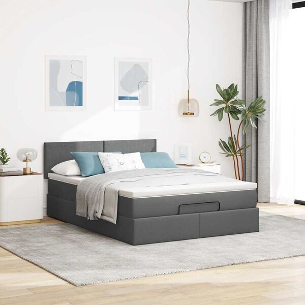 vidaXL Lit ottoman avec matelas et LED gris foncé 140x190 cm tissu