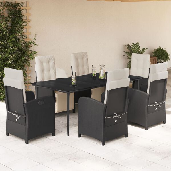vidaXL Ensemble &agrave; manger de jardin coussins 7pcs Noir R&eacute;sine tress&eacute;e
