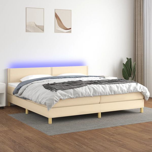vidaXL Sommier &agrave; lattes de lit et matelas et LED Cr&egrave;me 200x200cm Tissu