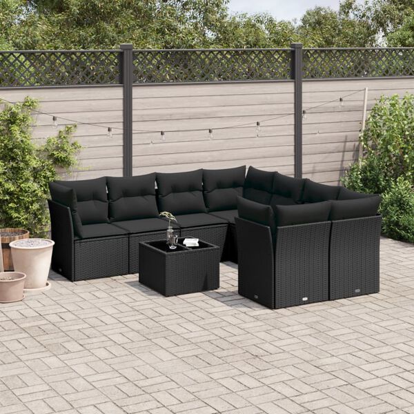 vidaXL Salon de jardin 9 pcs avec coussins noir r&eacute;sine tress&eacute;e