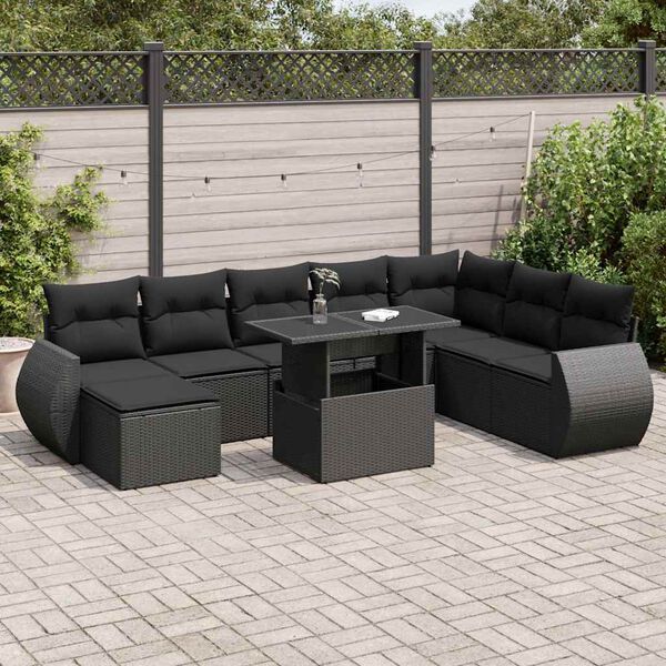 vidaXL Salon de jardin 9 pcs avec coussins noir r&eacute;sine tress&eacute;e