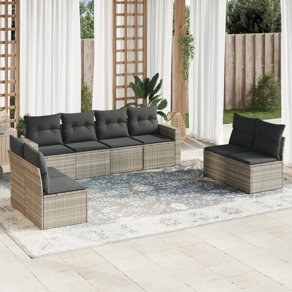vidaXL Salon de jardin 9 pcs avec coussins gris clair r&eacute;sine tress&eacute;e