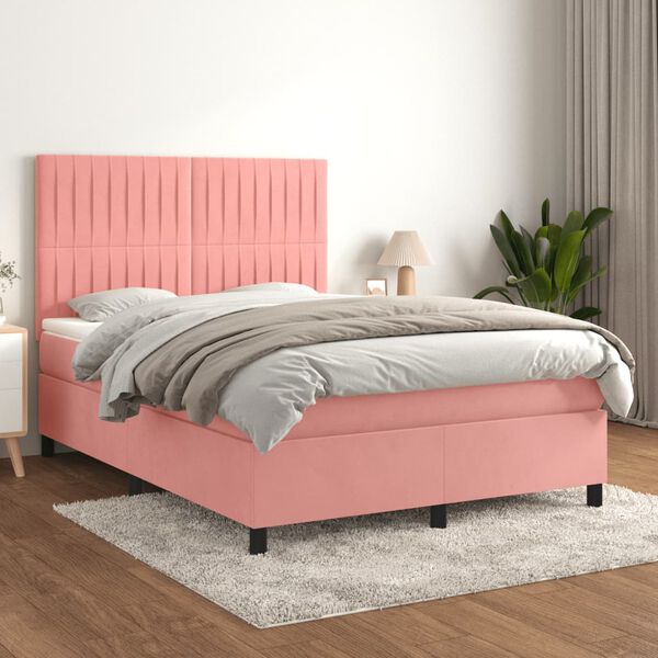 vidaXL Sommier &agrave; lattes de lit avec matelas Rose 140x200 cm Velours