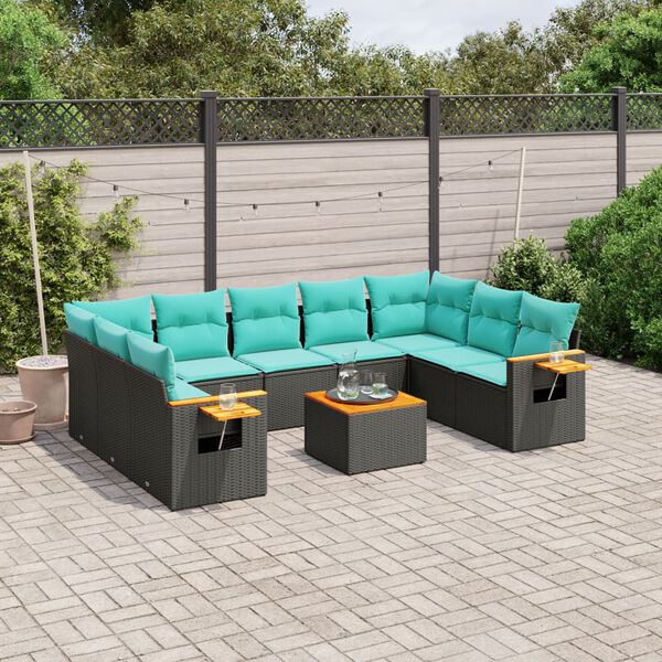 vidaXL Salon de jardin 10 pcs avec coussins noir r&eacute;sine tress&eacute;e