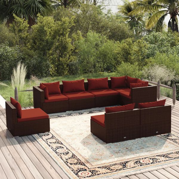 vidaXL Salon de jardin 8 pcs avec coussins r&eacute;sine tress&eacute;e marron