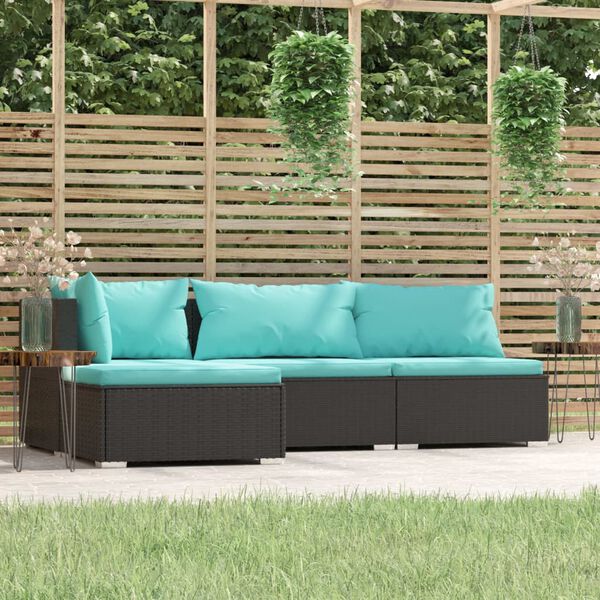 vidaXL Salon de jardin 4 pcs avec coussins Noir R&eacute;sine tress&eacute;e