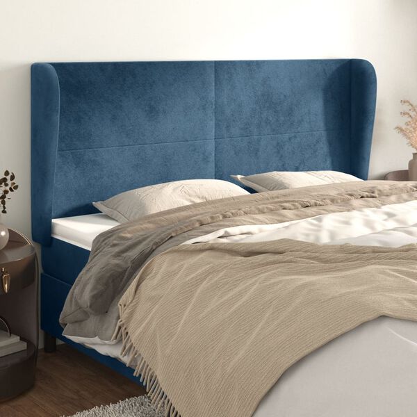 vidaXL T&ecirc;te de lit avec oreilles Bleu fonc&eacute; 163x23x118/128 cm Velours