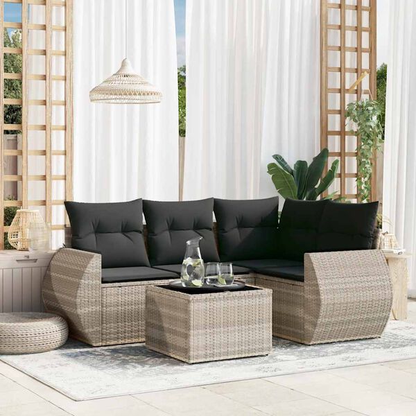 vidaXL Salon de jardin 5 pcs avec coussins gris clair r&eacute;sine tress&eacute;e