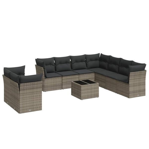 vidaXL Salon de jardin avec coussins 10 pcs gris résine tressée