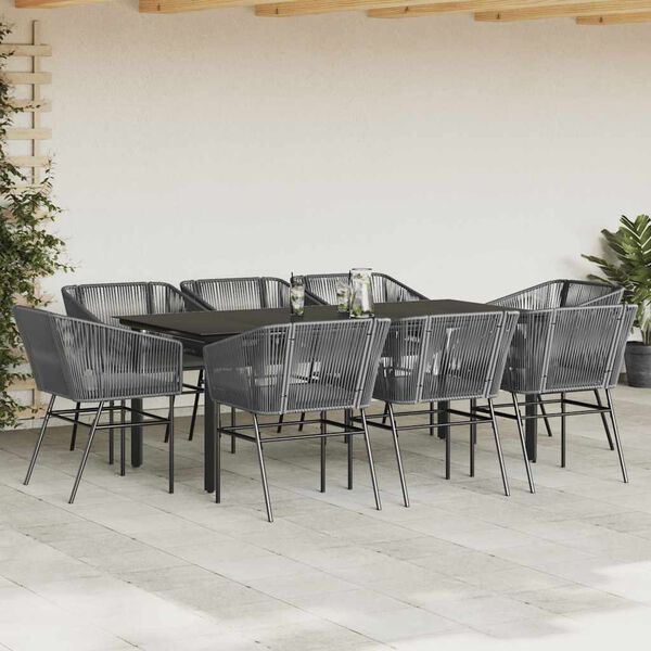 vidaXL Ensemble à manger jardin coussins 9 pcs gris poly rotin verre