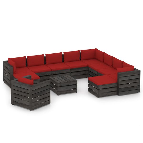 vidaXL Salon de jardin 12 pcs avec coussins Bois impr&eacute;gn&eacute; de gris