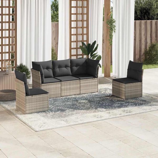 vidaXL Salon de jardin 5 pcs avec coussins gris clair r&eacute;sine tress&eacute;e