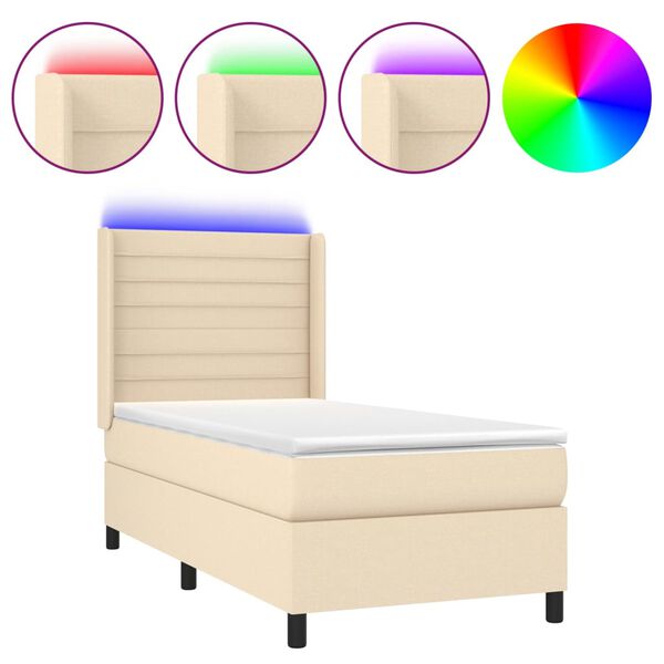 vidaXL Sommier &agrave; lattes de lit matelas et LED Cr&egrave;me 90x200 cm Tissu