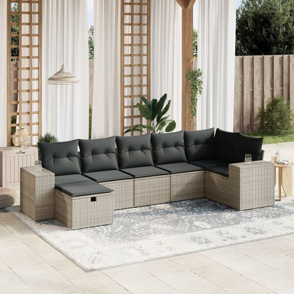 vidaXL Salon de jardin avec coussins 7 pcs gris r&eacute;sine tress&eacute;e