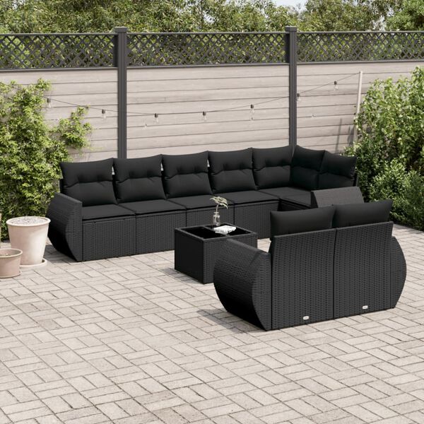 vidaXL Salon de jardin 9 pcs avec coussins noir r&eacute;sine tress&eacute;e