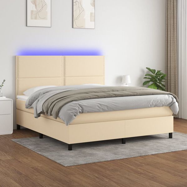 vidaXL Sommier &agrave; lattes de lit et matelas et LED Cr&egrave;me 160x200cm Tissu