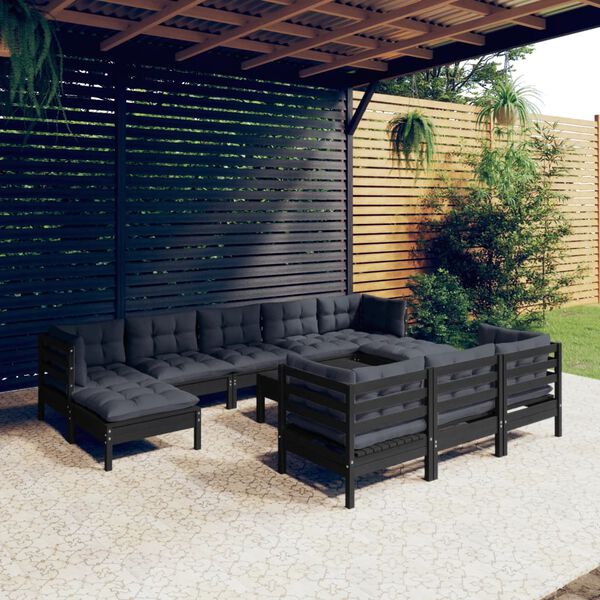 vidaXL Salon de jardin 11 pcs avec coussins Noir Bois de pin solide