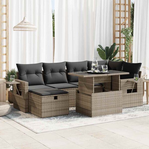 vidaXL Salon de jardin avec coussins 7 pcs gris r&eacute;sine tress&eacute;e