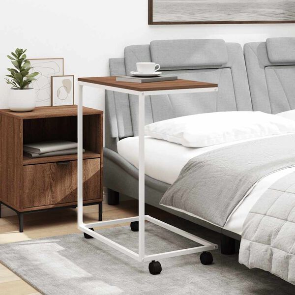 vidaXL Table d'appoint avec roues Blanc 55x35x70 cm Bois d'ing&eacute;nierie