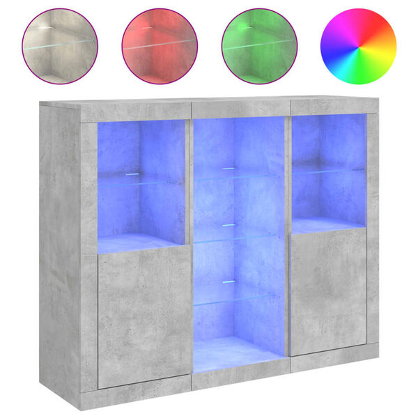 vidaXL Buffets avec lumi&egrave;res LED 3 pcs gris b&eacute;ton bois d'ing&eacute;nierie