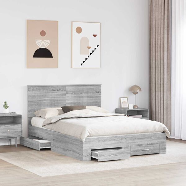 vidaXL Cadre de lit Gris Sonoma 135 x 190 cm Bois d'ing&eacute;nierie