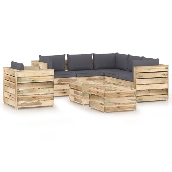 vidaXL Salon de jardin 8 pcs avec coussins Bois impr&eacute;gn&eacute; de vert