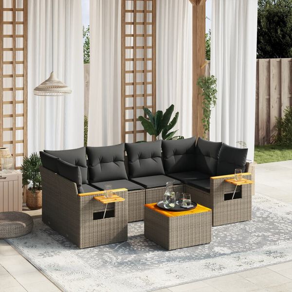 vidaXL Salon de jardin avec coussins 7 pcs gris r&eacute;sine tress&eacute;e
